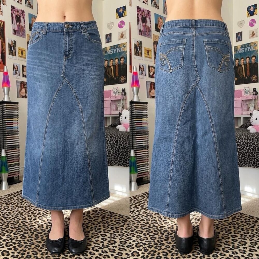 Y2K Cato Denim Midi Skirt Size 12 Embroidered Contrast Stitching Grunge